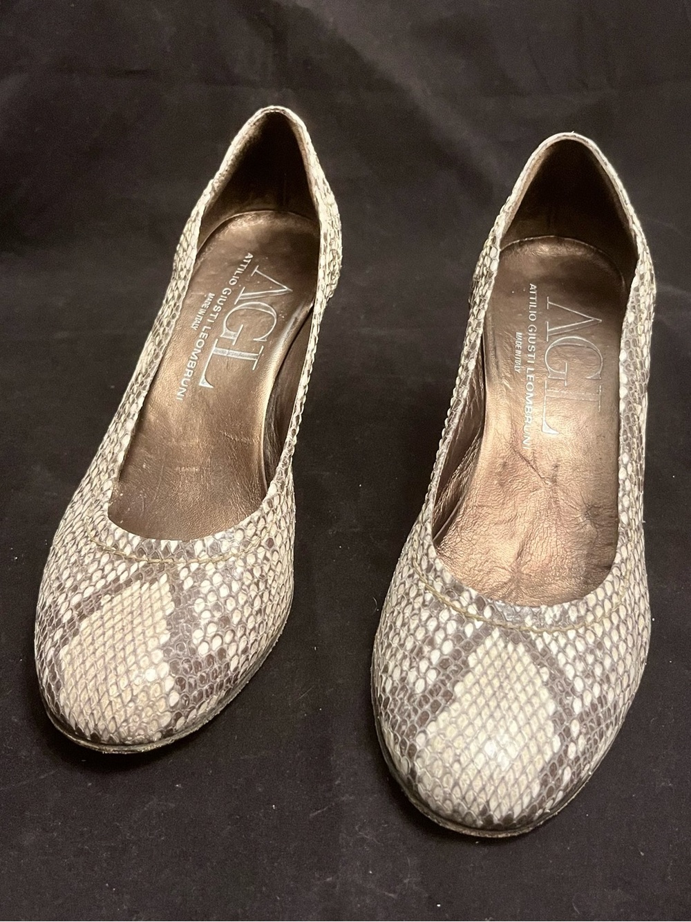 AGL Snakeskin Round-Toe Heels in Beige and Gray